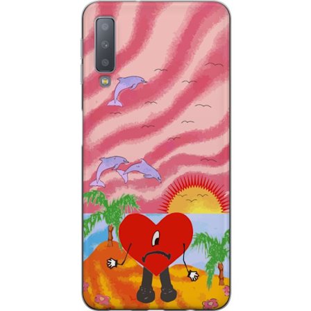 Kompatibelt Mobildeksel til Samsung Galaxy A7 (2018) Bad Bunny i en fargerik quiltet jakke med hjertemønster og solbriller i moderne gatestil