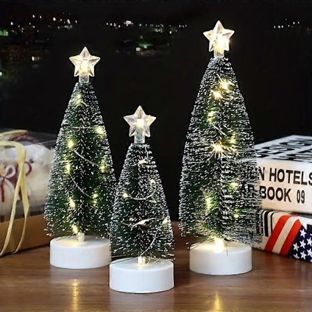 Bordplate Juletrær, Sett med 3 Mini Trær med LED-lys for Juledekorasjon, Mini Juletre