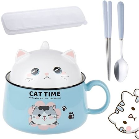 Ramen Skål med Lock, Söta Katt Salladskålar med Handtag