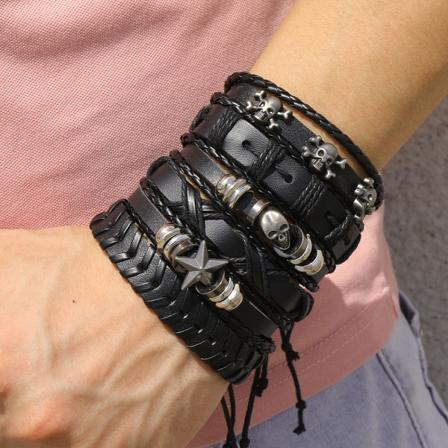 6 stk. Svart og brunt lær armbånd flettet bredt armbånd for kvinner og menn