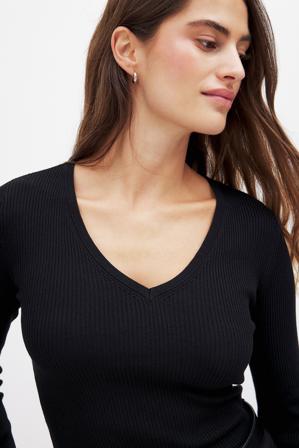 NA-KD Ribbed Knitted V-Neck Top - Stickade toppar - Svart - M (EU 38-40)