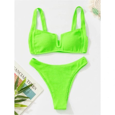 Badedrakt Rynket V-hals Dame Badedrakt Høy Midje Bikini Kvinner Todelt Bikini Sett Badetøy Neon Grønn Neon Green M