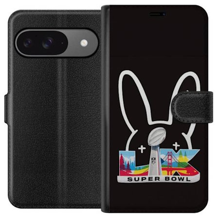 Kompatibelt Lommeboketui til Google Pixel 9 Pro Bad Bunny portrett med åpen skjorte, tatoveringer og krøllete hår i stilfull motefotografering