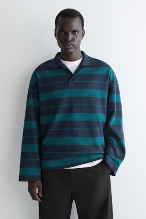 COS Men's Oversized Striped Cotton Rugby Shirt in Blue