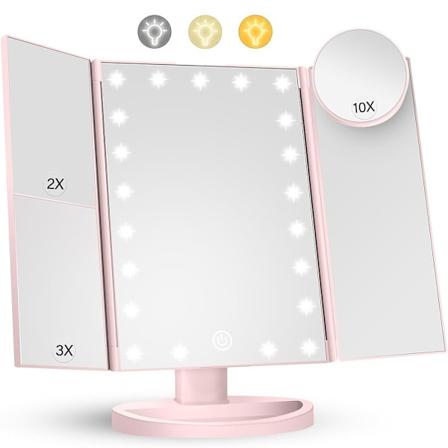 3-puolinen kokoontaittuva meikkipeili himmentävä valo 22LED pöytäpeili - Vaaleanpunainen Pink