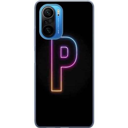 Kompatibel Mobilcover til Xiaomi Xiaomi Poco F3 Minimalistisk neonbogstav P i farvegradient og lyseffekt mod sort baggrund i digital neonstil