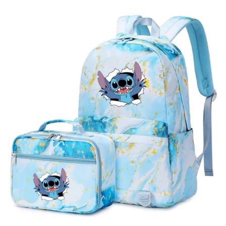 2 st Disney Lilo Stitch Multi Pocket Ryggsäck med Lunch Bag Ryggsäck Casual Skolväska för Kvinnor Student Tonåringar Set 026