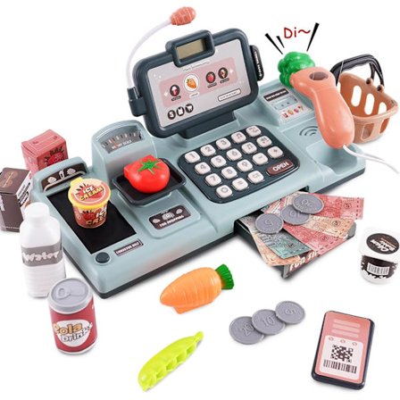 Lekekasseapparat for barn, kjøkkenkasseapparat med kalkulator, skanner, mat, kredittkortgave