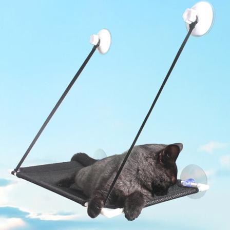 Svart katthängmatta, fönsterhängmatta för katt, fönsterbänkssäng med knappsugkoppar, viloplats för katt för solbad, sparar utrymme, enkel att 