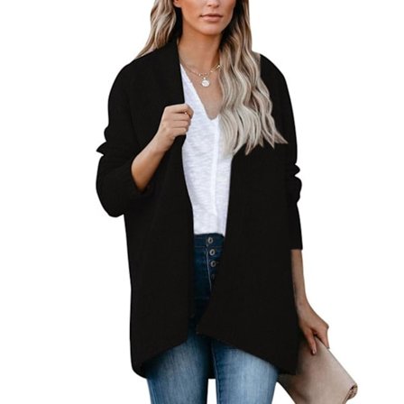 Dam tröja enfärgad stickad kofta med ficka medellång öppen framtill lång
