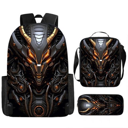 Mechanical Style 3-Piece Skolväska Set – Stor Ryggsäck för Elever, Anime Cartoon Design, Vattentålig & Slitstark
