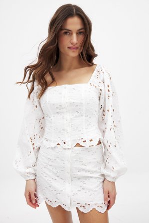 Moa Mattsson x NA-KD - Anglaise bluse med ballongermer - Sommersett - Hvit - EU 32