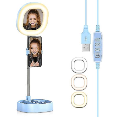 Led Ringlys Foldbar Fyldlys Med Spejl Mobiltelefonholder, 3 Farvetilstande Og 10 Lysstyrke Ringlys Til Video Live Streaming Makeup Fotog
