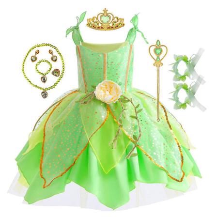 Tinker Bell Fairy Barn Kostym Outfit Set Grön Fairy Tinker Bells Klänningar Med Krona Halsband Hand Blomma 2-3 Years