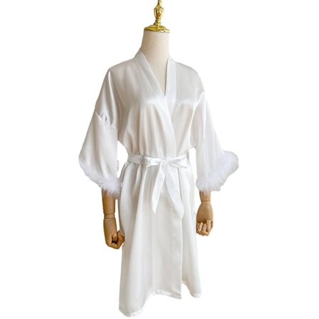 Satin-morgenkåpe for kvinner med fuzzy trim, lange ermer og belte - Brudekjole til bryllupsdagen