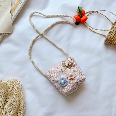 Flettet skuldertaske til børn, pung, sød form 12 * 17 cm (rosa + perleblomst)