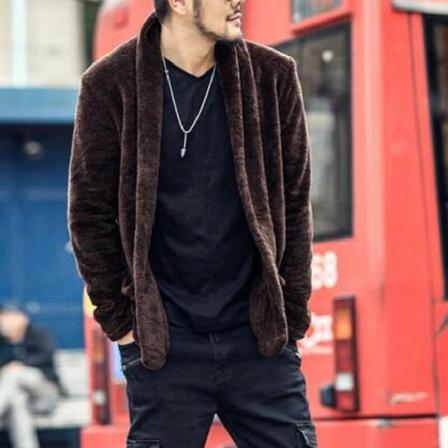 Män Långärmad Fleece Fuzzy Jacka Knappar Med Fickor Ytterkläder