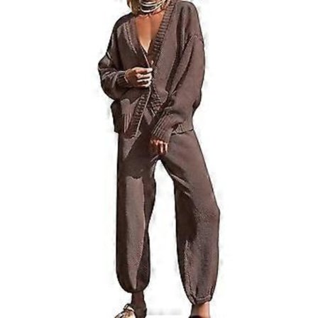 Tvådelade set för damer, V-ringad kofta med lång ärm, jackor, toppar och stickade byxor med vida ben, myskläder, set med tröjor, brun S(S brun)