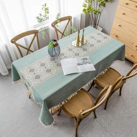 Linen- och bomullsduk, rektangulär, med fyrkantiga sömmar och fransar