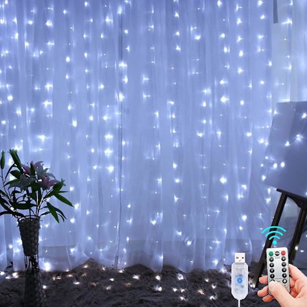 Sisätilojen valoketju, 3 m, 300 LEDiä, 8 tilaa, kaukosäädin, säädettävä kirkkaus, Ramadan-koriste, makuuhuone, ikkuna, joulu (valkoinen)