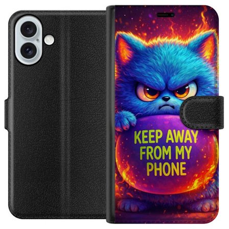 Yhteensopiva Lompakkokotelo Apple Apple iPhone 16 Plus Vihainen pörröinen sininen kissa, jossa teksti "Pidä loitolla puhelimestani" neonväreillä