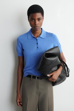 COS Women's Shrunken Wool-Blend Polo Shirt in Blue