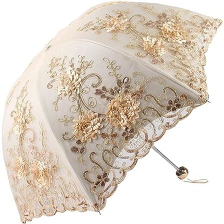 Vintage blonde UV solparasol, foldbar med 3D blomsterbroderi