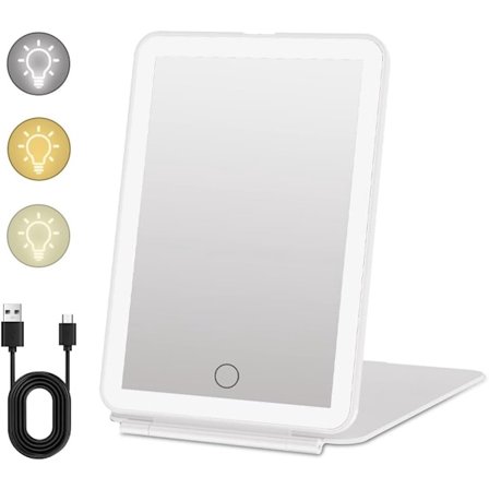 ING Oppladbart sminkespeil med lys, sammenleggbart belyst skjønnhetsspeil, 3-farget bordsspeil med 72 LED-lys
