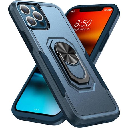 (Blå) Etui til iPhone 13 Pro Max Ny design med 360 graders roterende ring Støtsikkert dobbeltlags beskyttende etui TPU og PC beskyttende deksel 