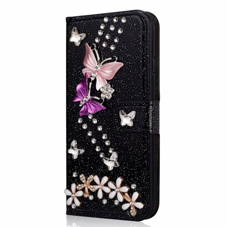 Deksel til iPhone 13 Pro svart glitter sommerfugl rhinestone kortspor lommebok lær diamanter