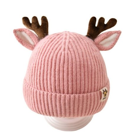 Søt reinsdyr lue med horn i strikket ull, varm vinterlue for småbarn, anbefalt hodeomkrets 3-12 måneder 44-46cm