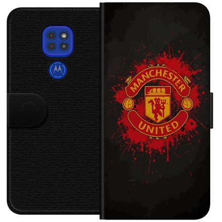 Kompatibelt Lommeboketui til Motorola Motorola Moto G9 Play Manchester United logo i rød og gul farge med røff sportslig bakgrunn
