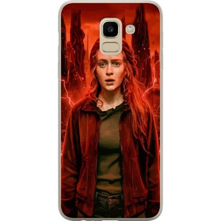 Kompatibelt Mobilskal till Samsung Samsung Galaxy J6 Porträtt av en ung kvinna med rött hår i en apokalyptisk landskap, röda blixtar och mörka kl