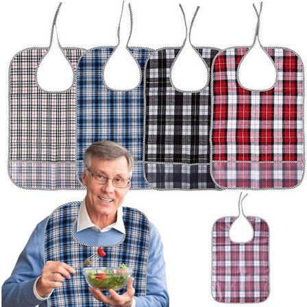 Vaskbare hagesmække til voksne, 4 stk. - Vandtæt hagesmæk til ældre med størrelsen 58,5 x 38 cm - Ternet mønster, 4 farver - Tøjbeskytter, savlesmæk