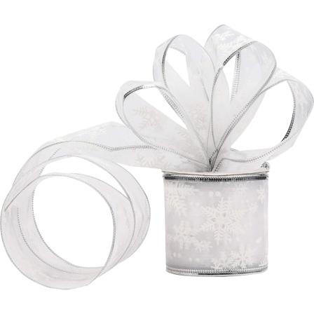 Sølv Organza Gavebånd - 10m x 6.3cm Rød Julebånd med Glitter og Snefnug til Julepynt - Brede Bånd til Juleindpakning og Dekoration
