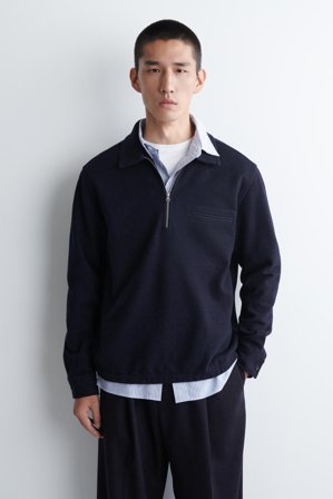 COS Men's Boiled Wool Zip Up Polo Jumper in Blue