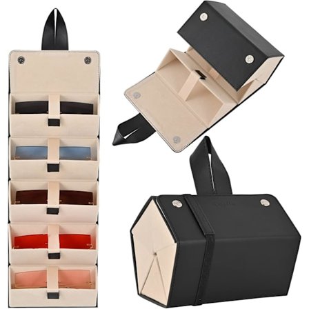 Sort rejseetui til kvinder og mænd, læder 5-rums brilleetui