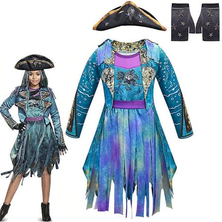 Descendants 3 Uma Cosplay Kostume Børn Pige Pirat Hat Handsker Kvast Kjole Outfit-Flerfarvet