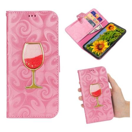 iPhone Xs Max flip cover i læder med spiralstruktur og vinglasmønster - Pink Pink