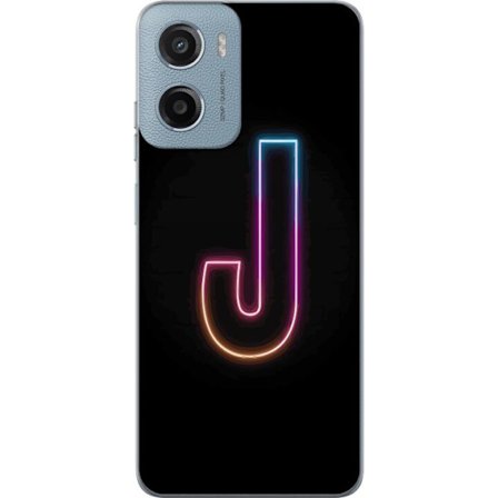 Kompatibelt Mobildeksel til Motorola Motorola Moto E15 Minimalistisk neonbokstav J i fargeskiftende lys mot svart bakgrunn