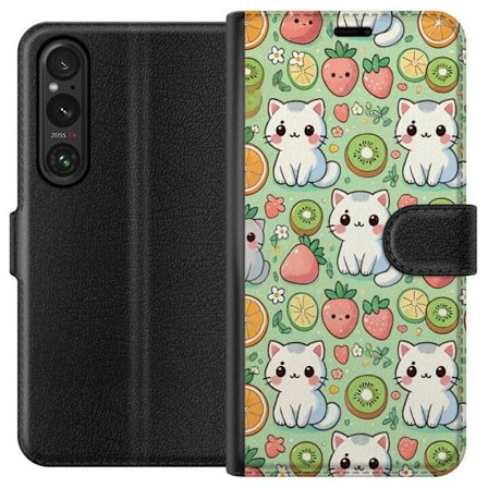 Yhteensopiva Lompakkokotelo Sony Xperia 1 V Suloiset kissat hedelmillä leikkisässä muotoilussa