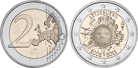 Luxembourg 2012 - 10 år for eurosedler og mønter - 2 euro mønt