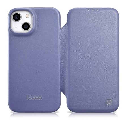 iCarer CE Premium Leather Folio Case for iPhone 14 Plus, Magnetic Flip, MagSafe, Light Purple