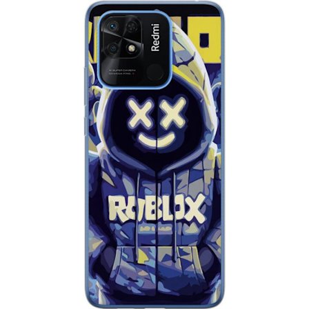 Kompatibelt Mobildeksel til Xiaomi Xiaomi Redmi 10C Blågul Roblox hettegenserfigur med minimalistisk neonstil og masket ansikt, moderne spillillustra