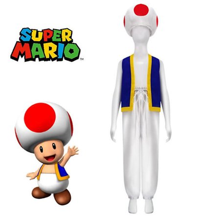 Super Mario Bros 2 Toad Cosplay Party Kostyme Topper+Bukser+Hatt Antrekk Sett Gaver for Voksne