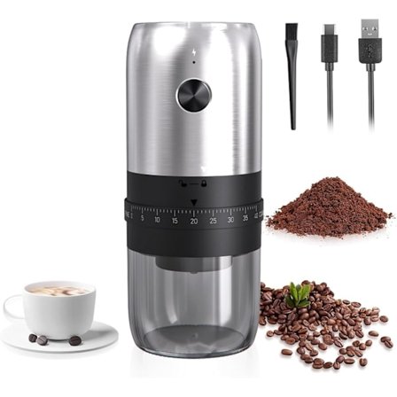 Elektrisk kaffekvarn, Pour Over kaffebryggare, Uppladdningsbar kaffekvarn, Portabel för hemmabruk, Silver