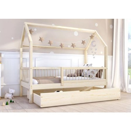 Lasten hyttisänky - Zori BIS Puinen hyttisänky pyöreillä tankoilla ja vuodelaatikolla, 80×160 cm