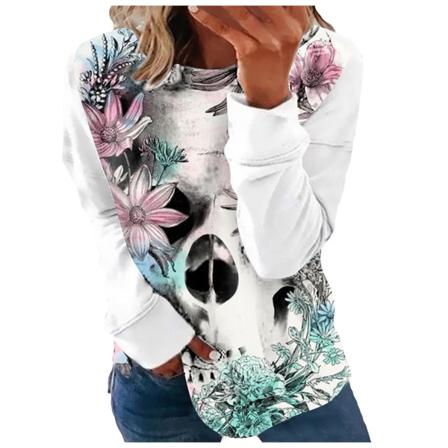 Halloween Skull Print Långärmad T-shirt För Kvinnor