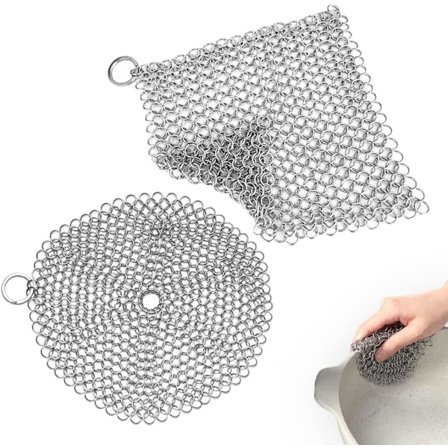 Støbejernsrenser, 316L rustfri stålskrubber til stegepander, grill og mere, genanvendelig og hygiejnisk, med hængering for nem opbevaring, premium