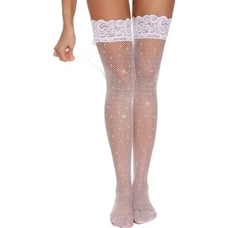 Sexy Kvinder Høj Lårstrømper med Glimmer Rhinestones Fiskegarn Blonder Top Silikon Sokker